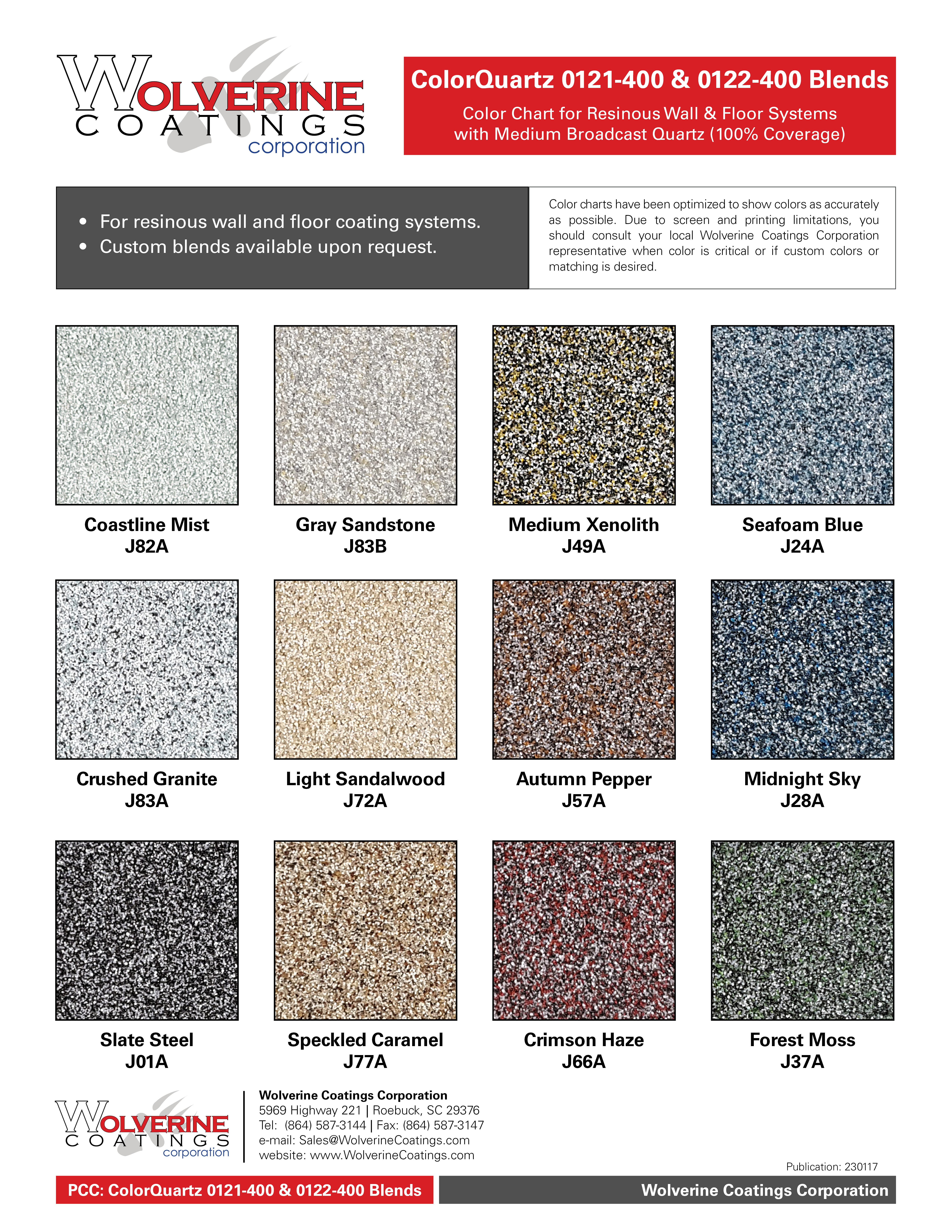 ColorQuartz 0121-400 Blends Color Chart - Product Color Charts