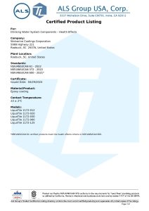 NSF/ANSI Certificate | Wolverine Coatings Corporation